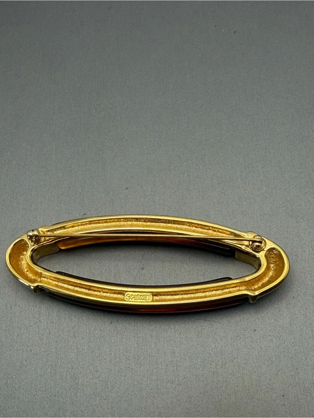 Monet Gold-Tone Oval Amber Lucite Brooch Modernist